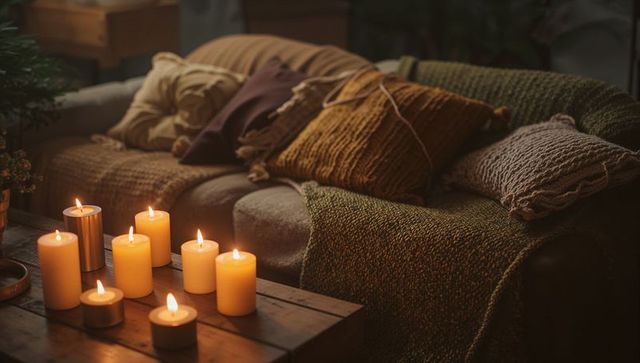Cozy Living Room with Flickering Candlelight and Textured Blankets