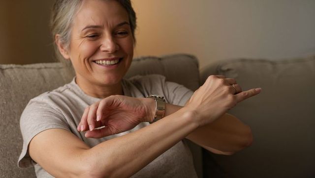 Smiling senior woman adjusting metal wristwatch on sofa, cozy home moment, relaxed style