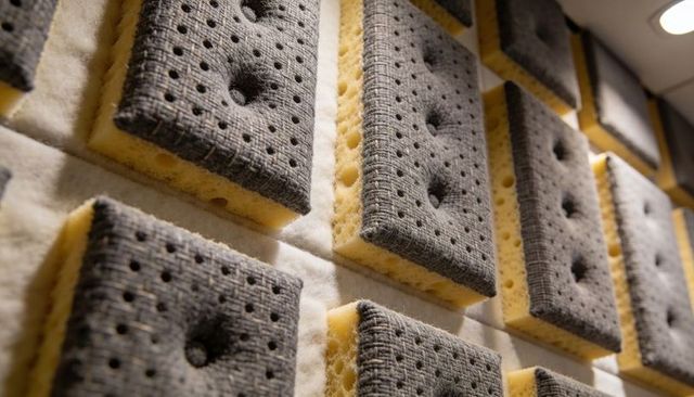 Displaying rectangular kitchen sponges on padded backing under spotlight, textured grid