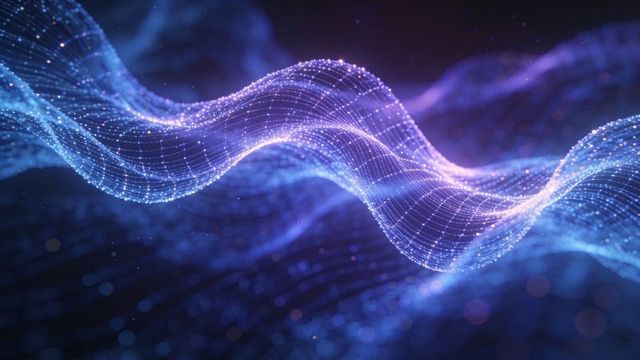 Neon digital mesh wave with glowing nodes and particle grid for ai tech data backgrounds