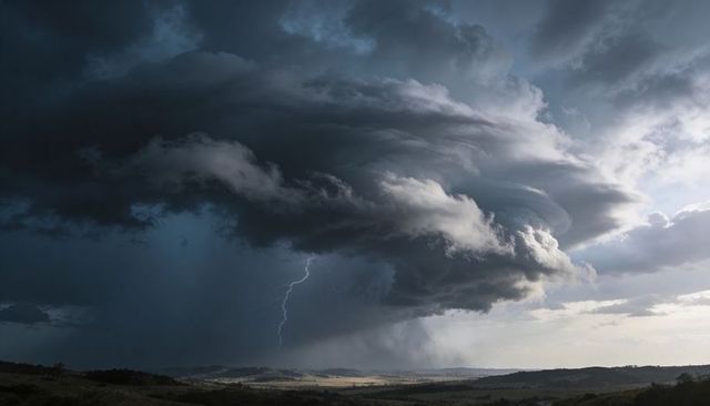 Supercell Thunderstorm Releasing Lightning Over Rolling Farmland and Valley, Shelf Cloud