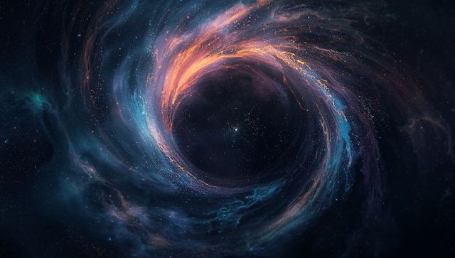 Swirling Cosmic Vortex Revealing Black Hole with Orange-Blue Nebular Filaments