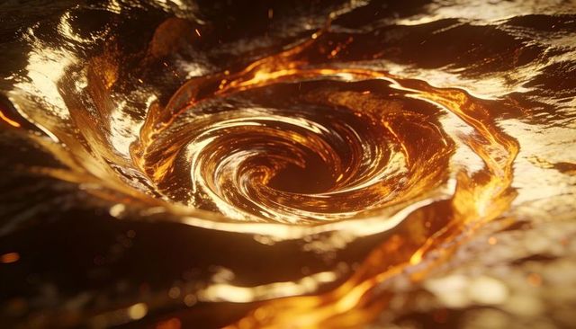 Swirling molten gold vortex drawing eye inward with glowing embers and metallic spiral