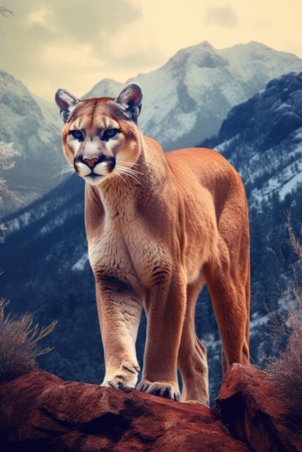 A majestic mountain lion stands atop a rocky ledge, outdoor. Its piercing gaze and muscular build emphasize the creature's status as a formidable predator in its natural habitat.