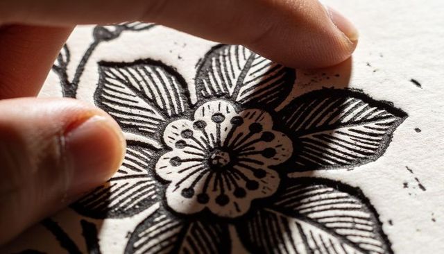 Closeup fingers lifting inked linocut floral print on textured paper printmaking detail