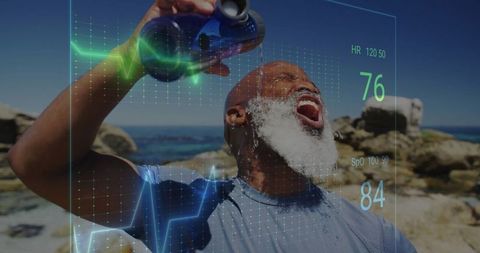 Senior man limeicklelavabeach hydrating for outdoor fitness with health data