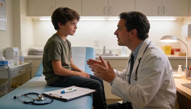 Pediatrician Speaking with Young Boy on Exam Table, Friendly Child Health Consultation