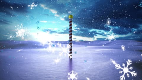 Snowy North Pole Scene with Falling Snowflakes and Animated Sky