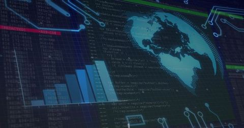 Futuristic data dashboard featuring digital globe, code overlay and neon analytics visuals