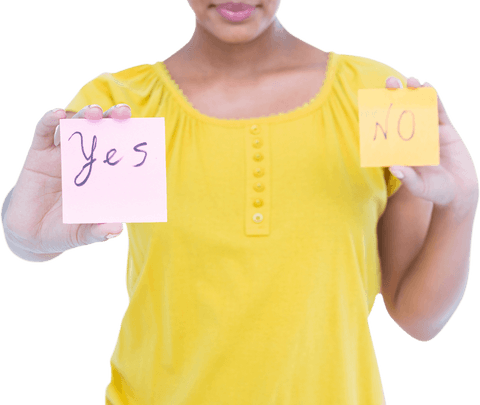 Woman holding transparent yes and no notes expressing choices