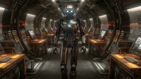 This visually striking scene features a humanoid robot with glowing elements in a high-tech, futuristic corridor setting. Ideal for themes around futuristic innovation, robotics advancements, and sci-fi narratives. Utilizable for illustrating tech articles, advertisements for AI systems, or in entertainment media focusing on visionary technological advances.