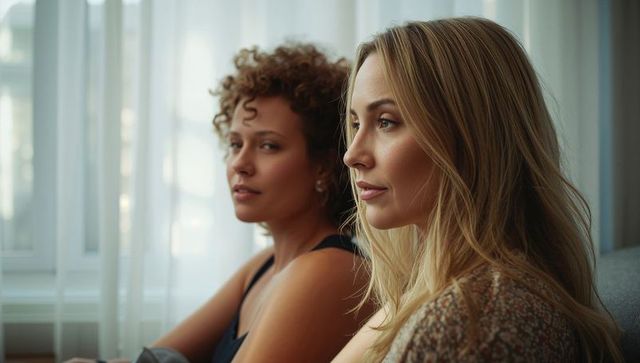 Two women relaxing on couch gazing out window intimate living room soft daylight portrait