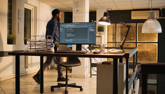 Standing desk displaying code on monitor in warm open-plan office workspace