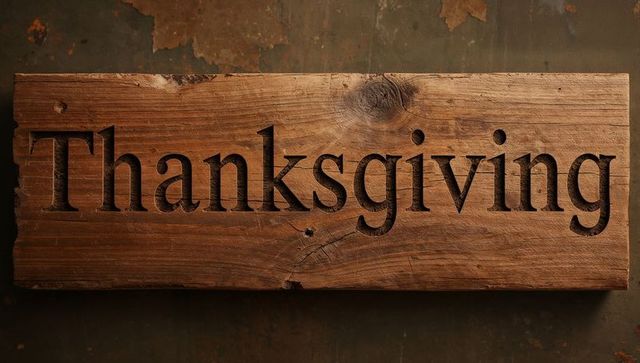 Thanksgiving carved into rustic wooden plank with weathered grain, knots and patina