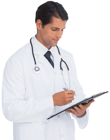 Transparent doctor holding clipboard in white coat