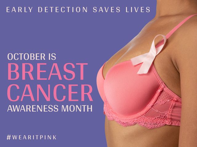 This promotional design is perfect for any campaign or event highlighting Breast Cancer Awareness Month in October. The image features a woman wearing a pink bra and pink ribbon, symbolizing support and the importance of early detection. Use this visual for social media posts, educational materials, fundraiser events, and awareness articles.