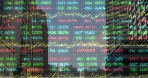 Digital Stock Market Analytics Overlaid on Urban Skyline