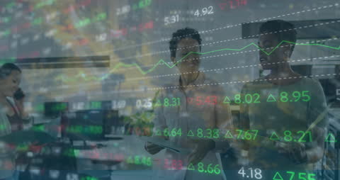 Global Business Team with Financial Data Overlay in Office