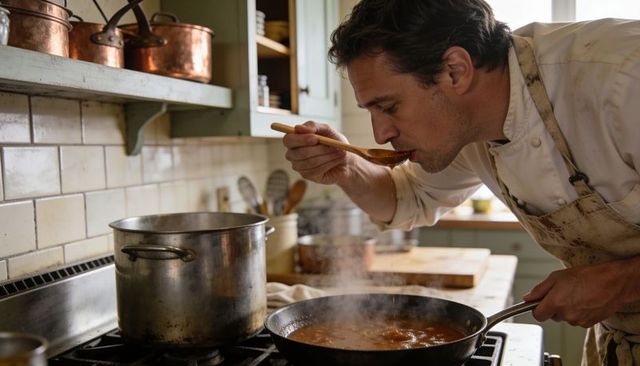 Chef tasting rich tomato sauce in rustic kitchen with copper cookware
