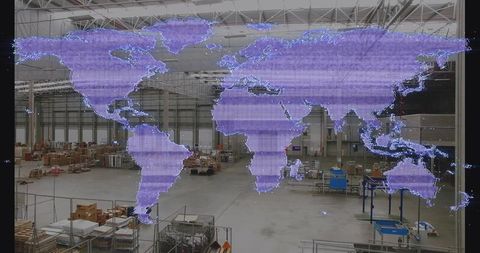 Digital Overlay of World Map in Modern Industrial Warehouse