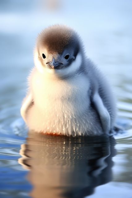 Adorable baby penguin chick standing in water during sunrise, showcasing its fluffy feathers and curious expression. Ideal for use in wildlife documentaries, children's educational materials, and nature-themed backgrounds.