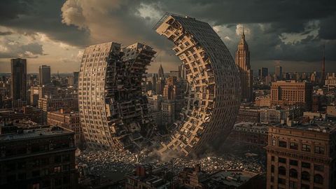 Curved skyscrapers earthquake chaos amidst urban landscape