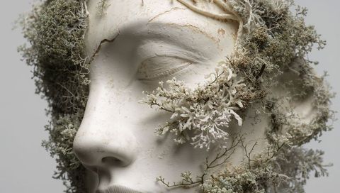 Plaster bust covered with lichen and moss showing cracked ceramic texture close-up