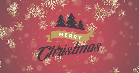 Merry Christmas Greeting with Falling Snowflakes on Red Background