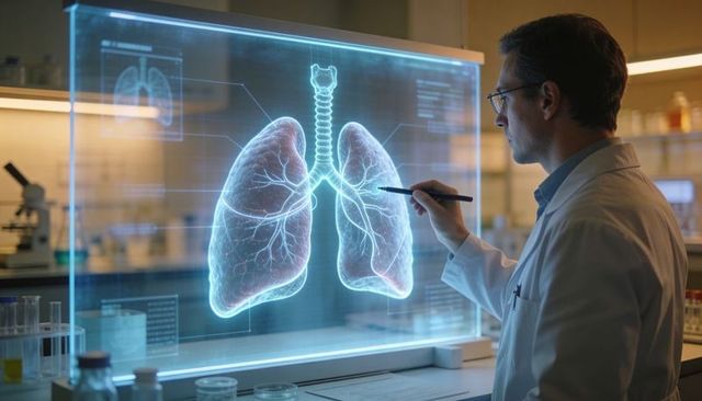Researcher projecting 3d holographic lungs in laboratory analyzing pulmonary anatomy