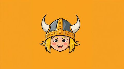 Smiling cartoon viking girl with horned helmet and blonde hair