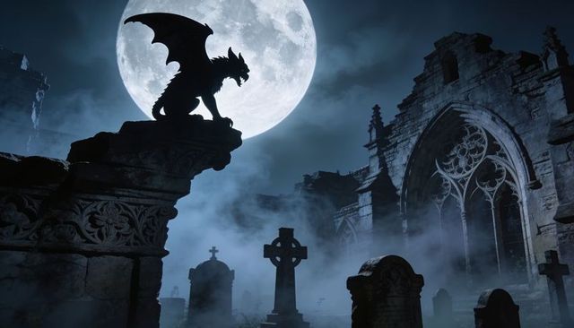 Gargoyle perching over gothic graveyard under full moon, fog rolling through ruins