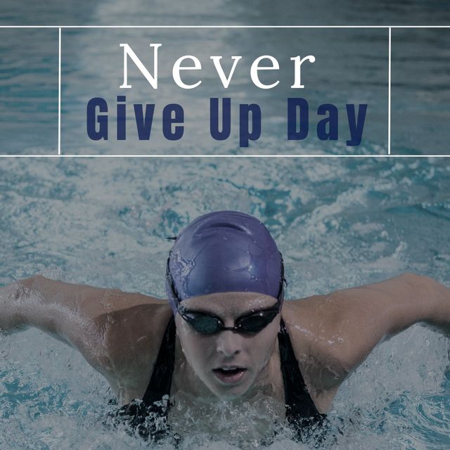 Digital composite image of young caucasian female swimmer swimming with never give up day text. Believing yourself, motivation, willingness to accept failure, inspiration.