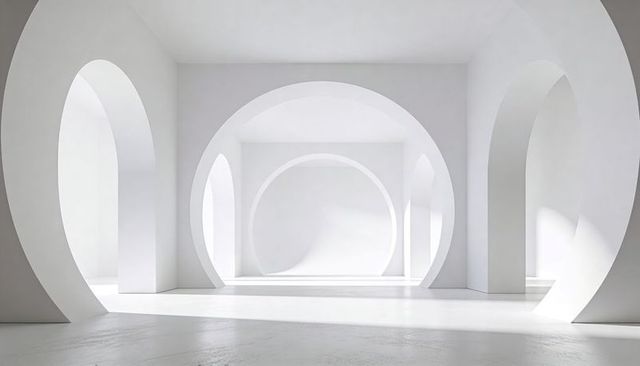 Minimalist white gallery with layered circular archways, geometric symmetry and deep shadows