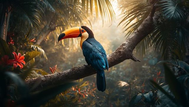 Vibrant Toucan Perched on Mossy Branch in Sunlit Tropical Rainforest Canopy, Lush Foliage