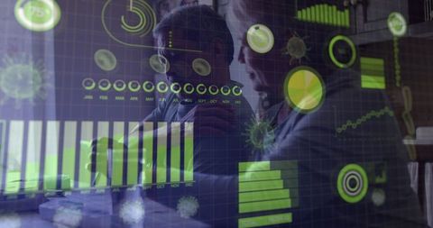 Senior couple analyzing data with holographic display