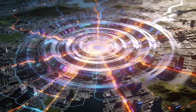 Pulsing Holographic City Core with Neon Data Rings and Digital Transit Grid