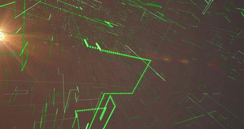 Neon Green Dotted Pathway Forming Angular Grid in Futuristic 3D Data Space with Lens Flare