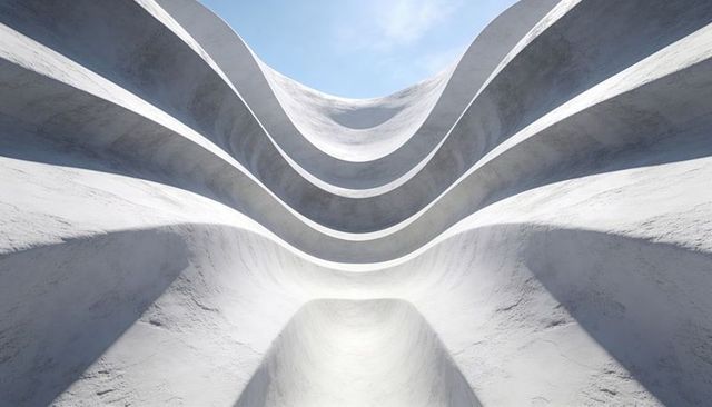 Sculptural curved concrete terraces rising into open sky minimalist geometric architecture