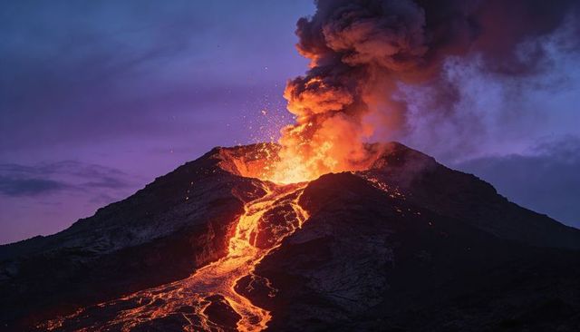 Erupting volcanic cone at dusk with glowing lava flow and towering ash plume