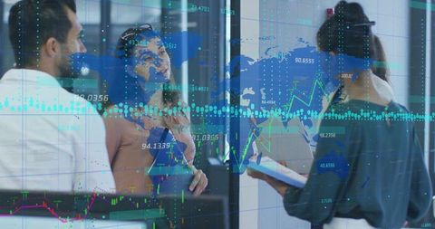 Business Team Engaging with Holographic Data in Futuristic Office