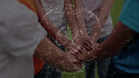 Diverse Schoolchildren Joining Hands with Digital Network Overlay