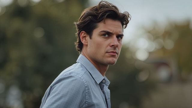 Intense young man looking over shoulder in park wearing light blue shirt with urban bokeh