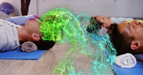 Group practicing guided relaxation on yoga mats with neon particle wave overlay