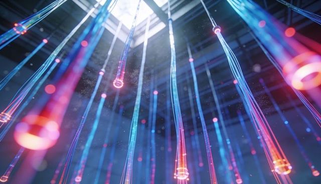 Flowing neon fiber strands descending through shaft toward light, glowing futuristic art