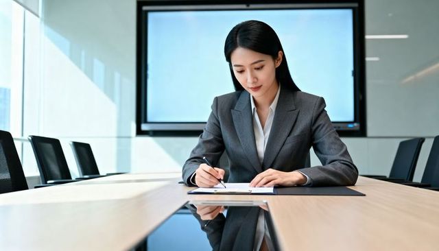 Asian businesswoman signing contract in modern boardroom showing professionalism and focus