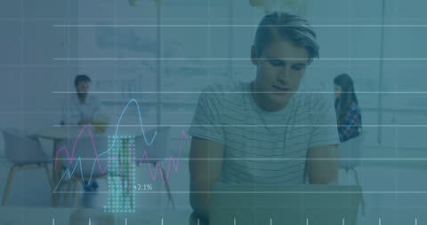 Young Professional Analyzing Data with Overlay Infographics