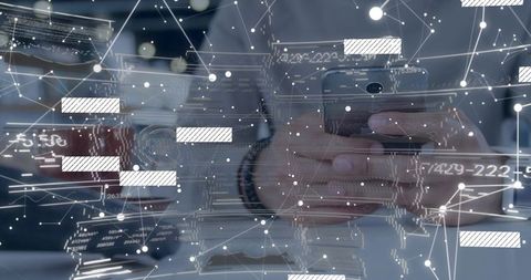 Executive tapping smartphone with digital network overlay connecting data and workspace