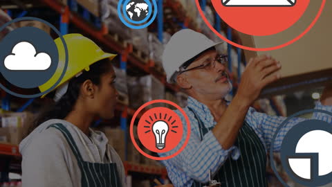 Warehouse Collaboration with Tech Icons Enhancing Workflow