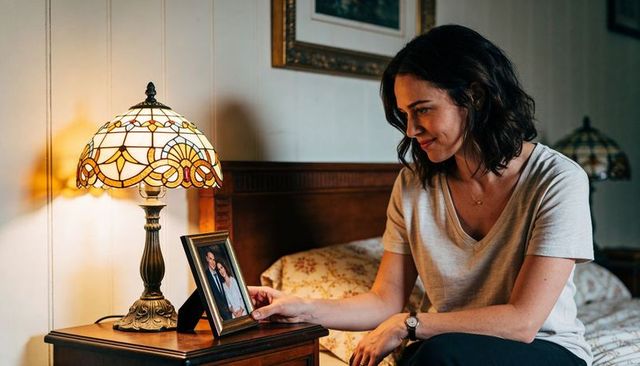 Woman holding framed portrait beside stained-glass lamp, reflecting in cozy bedroom