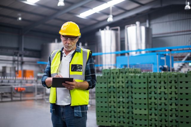 Male factory worker wearing safety vest and hard hat using tablet in beverage production facility. Ideal for illustrating industrial work environments, safety practices, quality control processes, and the use of technology in manufacturing.